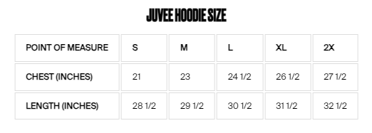 Juvee Hoodie Size Chart in inches S Chest 21, Length 28 1/2 | M Chest 23, Length 29 1/2 | L Chest 24 1/2, Length 30 1/2 | XL chest 26 1/2, length 31 1/2 | 2X Chest 27 1/2, length 32 1/2